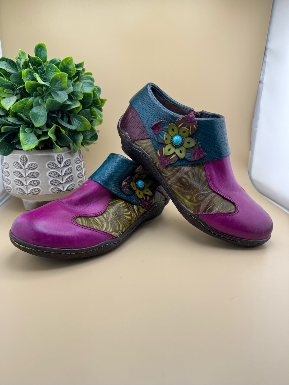Socofy Leather Multi Color Flower Side Zip Loafers Size EU 39
